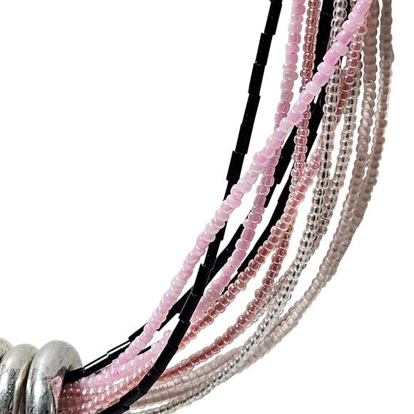 Elegant Multi Strand Pink Black Seed Beaded Statement Necklace Silver-Tone Rings - Picture 3 of 7
